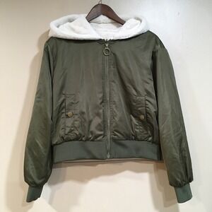 Aeropostale Reversible Bomber Jacket Coat Women M Olive Green Cream Hooded Boho